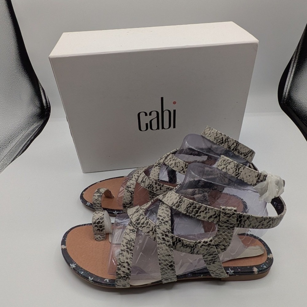 Cabi $118 7 Speakeasy Sandals 6002 Grey Snakeskin Leather Gladiator Toe Loop